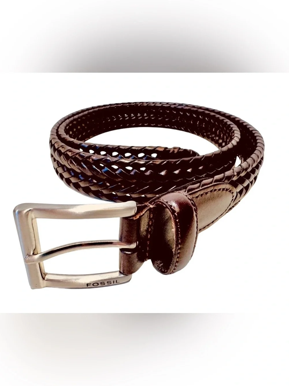 Fossil Mens Size 40 Brown Genuine Leather Braided Brushed Silver Buckle Belt